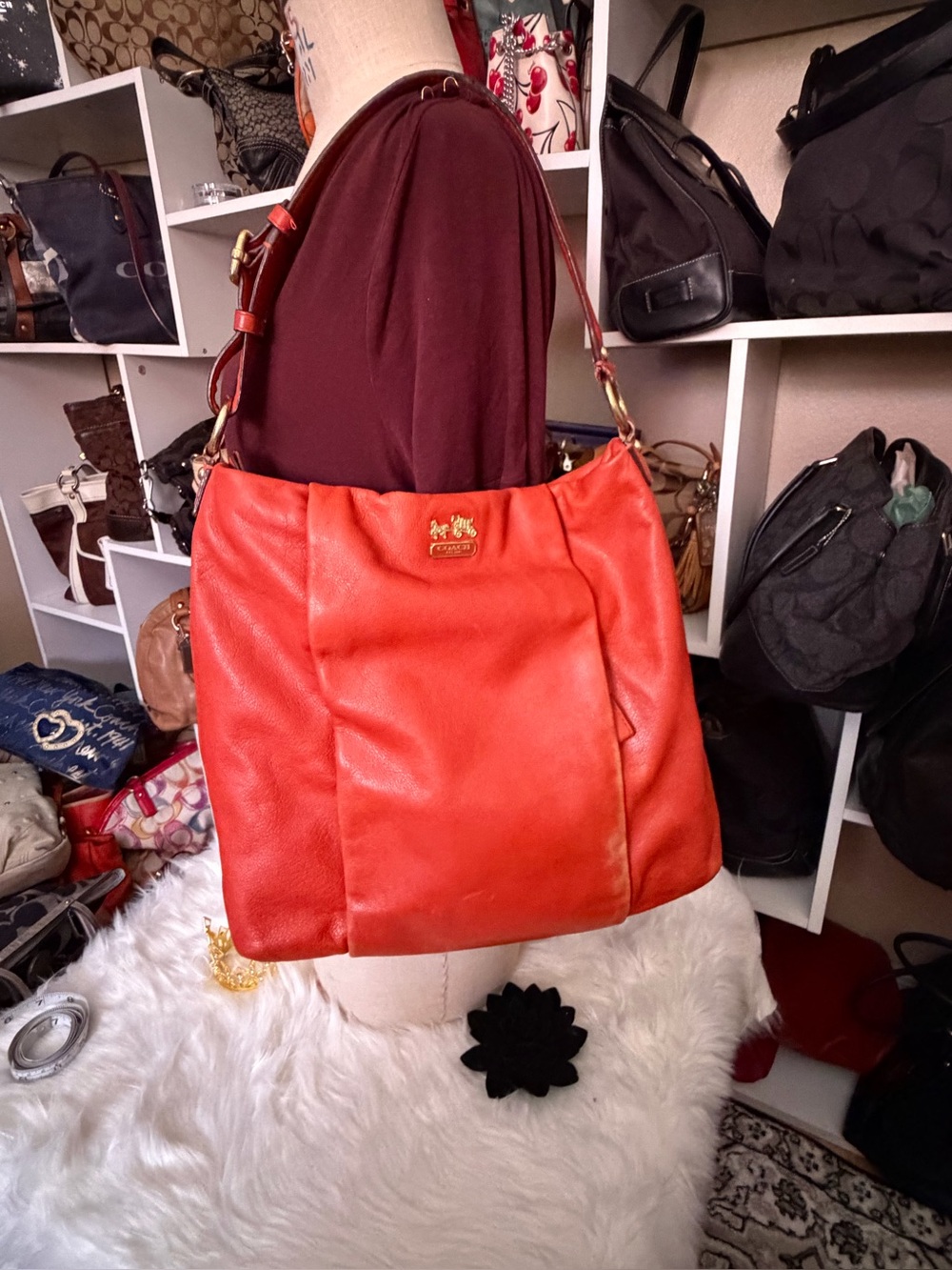 Coach Coral-Orange Leather Shoulder Bag with Gold Tone Logo